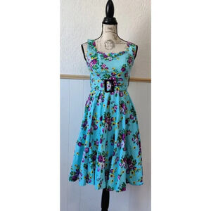 Hell Bunny Floral Print Fit & Flare Turquoise Dree Sleeveless Belted Sz XS Retro